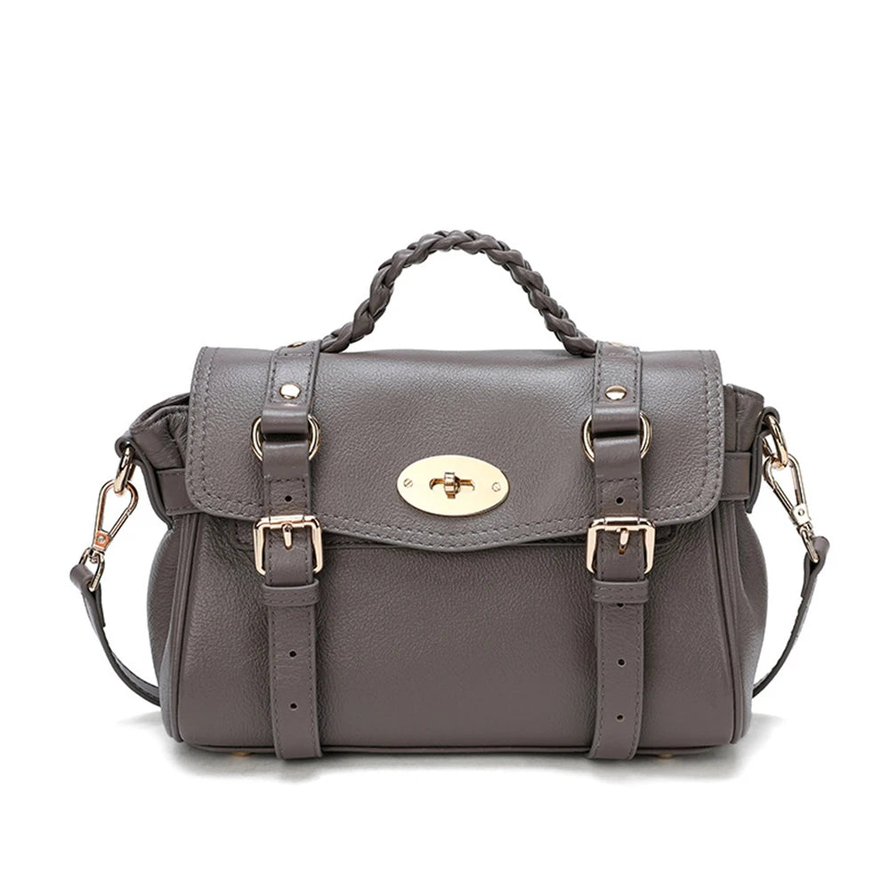 Retro Cowhide Women Messenger Bag Braid Top Handle Genuine Leather