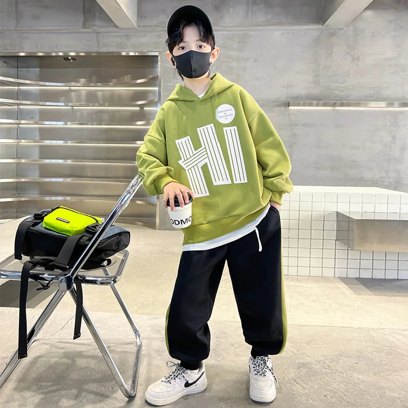 Children Boy Hooded Clothes Set Letter Printed Hoodies Sweatshirts Top and Pants 2 Pieces Suit Teenage Girls Tracksuits