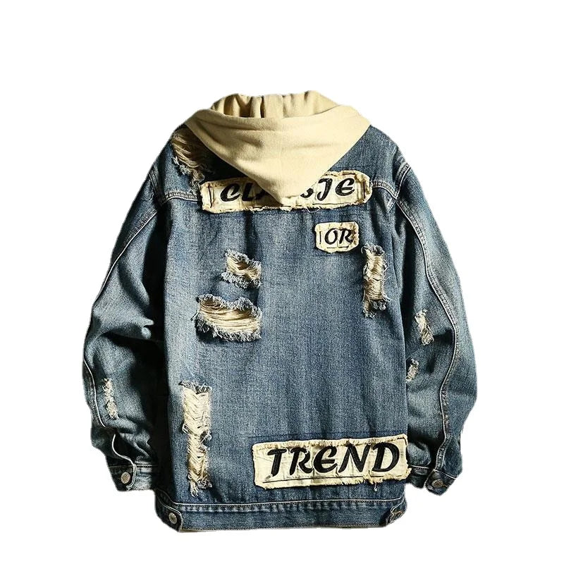Men's Denim Jacket Patch Vintage Blue Male Jean Coats Ripped with Hole