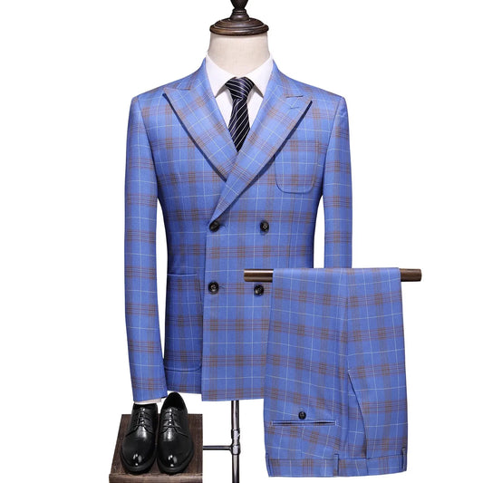 Tuxedo for Mens: Men Double Breasted Plaid Suit Coat Pants 2 Pcs Set / Male Slim Fit