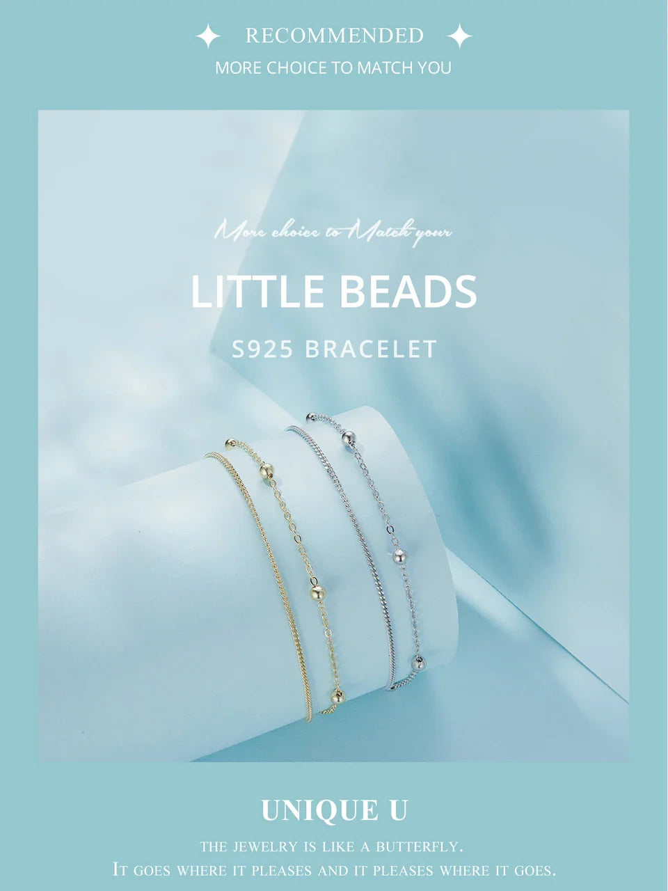 BAMOER 925 Silver Chain Bracelet Double Layers Round Beads Link Chain Bracelets Women 7.48'' Adjustable 14K Gold Plated Jewelry