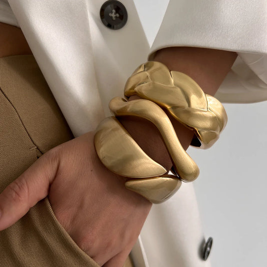 SHIXIN Vintage Design Matte Gold Color Metal Open Spring Bangles Women Irregular Geometry Wave Water Drop Wide Cuff Bracelet Men