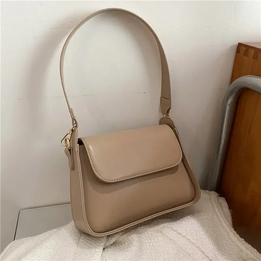 Chic Simple Small Flap Shoulder Bags For Women Solid Color Pu Leather Handbag