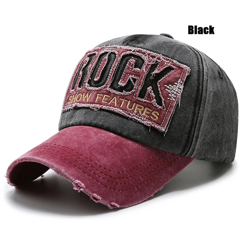ROCK Letters Embroidered Patch Ripped Brushed Washed Distressed Design Style Unisex Cotton Adjustable Baseball Cap
