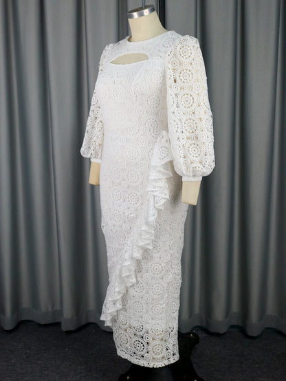 Women's Party Dress 2024 Fashion White Lace Crew Neck Lantern Sleeve Ruffles Long Slim Formal Wedding Guest Prom Gowns Plus Size