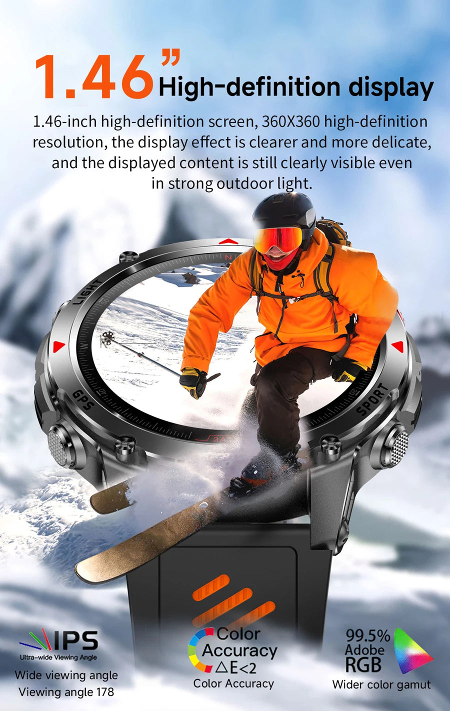 Outdoor Military Smart Watch Men Built-in GPS 1.46" AMOLED Compass