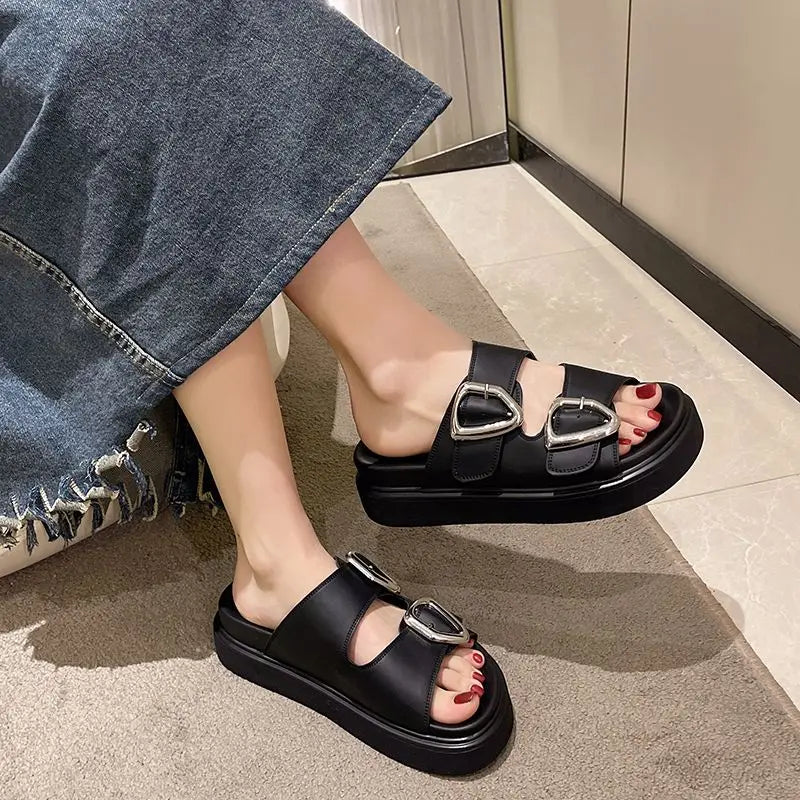 Slides Rubber Black Women's Slippers and Ladies Sandals Round Toe Height Summer 2023 with Heel Shoes Unique Luxury Normal Casual