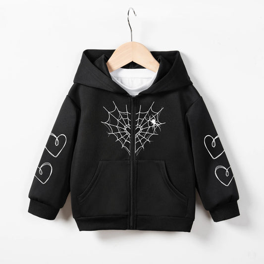 Children Coats 1-6T Spider Web Printing Zip Up Long Sleeve Oversized Black Hoodie  Fashion Casual Sweatshirts Unisex