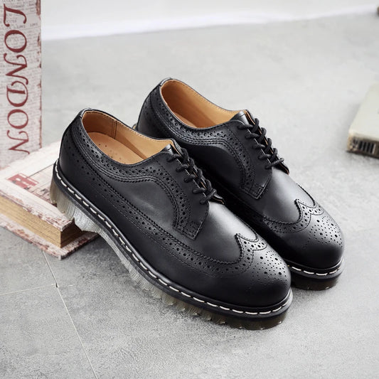 Genuine Cow Leather Vintage Formal Brogue casual Men's Leather Shoes Retro Thick Soles Low Upper Shoes Carved Shoes For Man