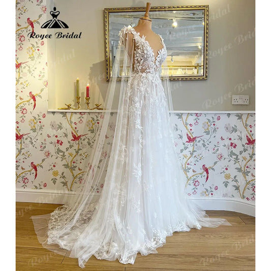 White Bridesmaid Dresses: Lace Floral Fairy Beach Wedding Dress with Deep V Neck