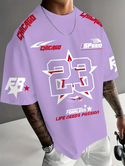 New Summer Men's Chicago Black Red and White Printed 23 Pattern Round Neck Breathable Casual T-shirt Loose Outdoor Top