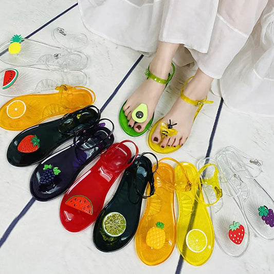 Women Fruit Jelly Sandals PVC Flat Flip-flop Sandal Ladies 2022 Summer Outdoor Fashion Non-slip Buckle Strap Beach Shoes Slides