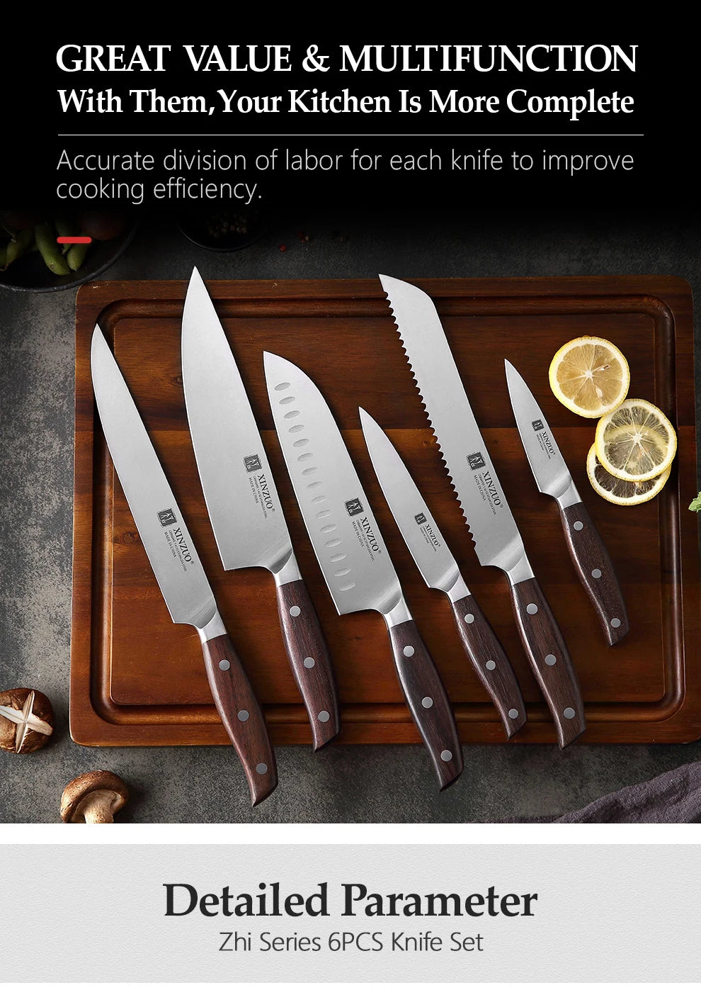 Kitchen Tools 6 PCS Kitchen Knife Set of Utility Cleaver Chef Bread Knife