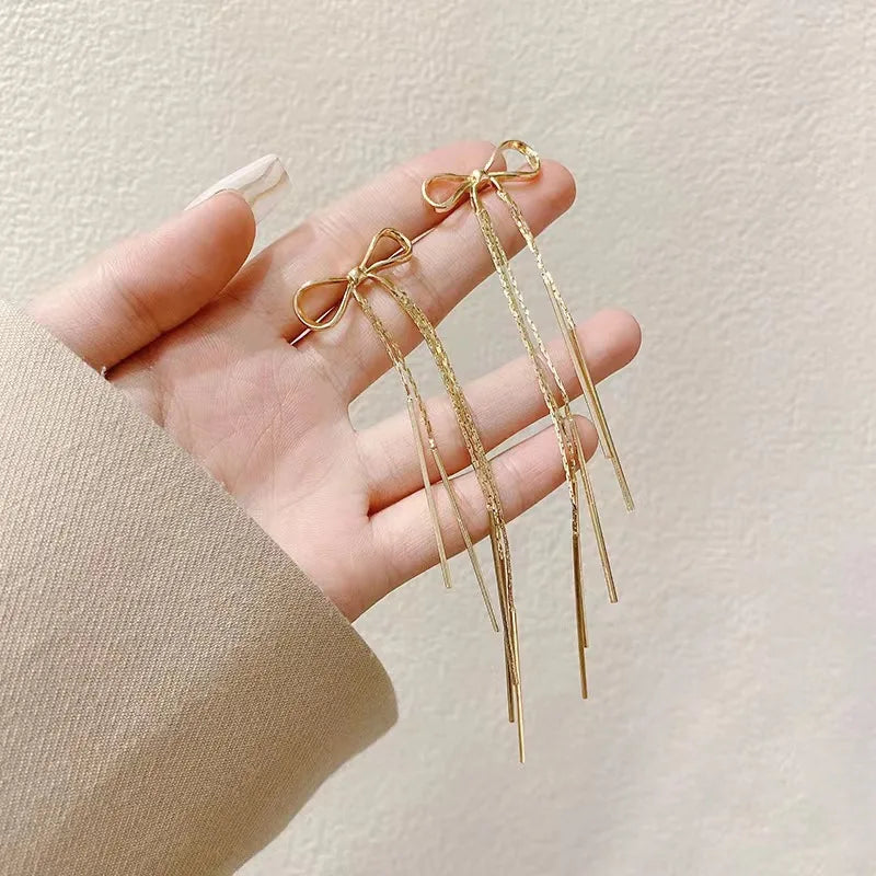 Temperament Stainless Steel Ribbon Long Tassel Bowknot Drop Dangle Earrings for Women Charm Party Jewelry Korean Fashion Gift
