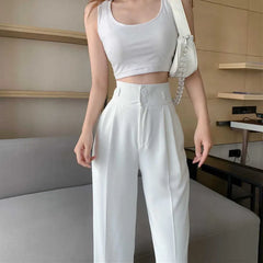 Black White Women Straight Pants Korean Fashion High Waist Wide Leg Trousers