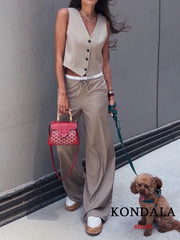 Khaki Office Lady Suit V-Neck Single Button Sleeveless Vest High Waist Long Straight Pants