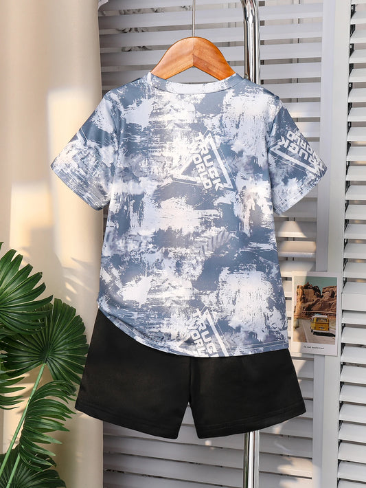 Summer Best-Selling Boys' Off-Road Vehicle Printed Short-Sleeved Shorts Suit with Letters Casual Style