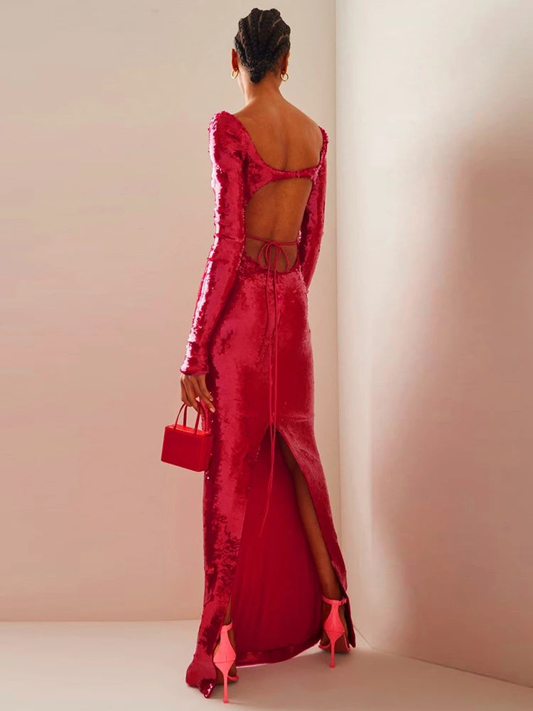 Evening Dresses: Long Sleeve Shiny Sequins Maxi Slim Dress Women Red Cut Out