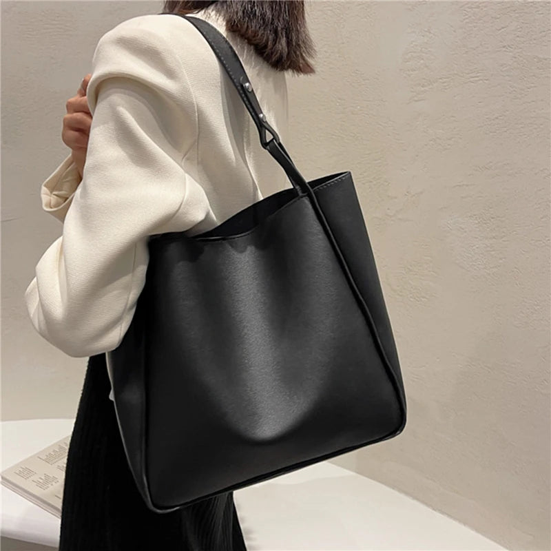 Women Bucket Shoulder Bags New Solid Color Handbags Retro Large Capacity