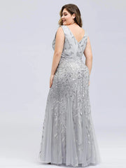 Women Plus Size Long Dresses Summer V-Neck Formal Luxury Mesh Sequin Chic Elegant