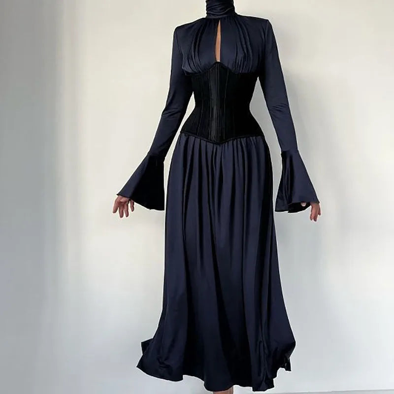 Casual Solid Pleated Women's Dresses Elegant Turtleneck Hollow Party Dress 2023 Autumn Solid Flare Sleeves High Waist Long Dress