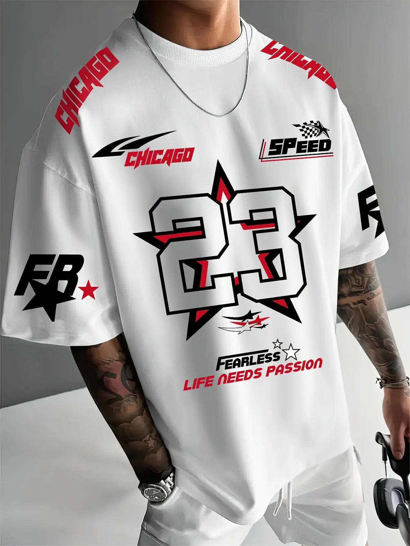 New Summer Men's Chicago Black Red and White Printed 23 Pattern Round Neck Breathable Casual T-shirt Loose Outdoor Top