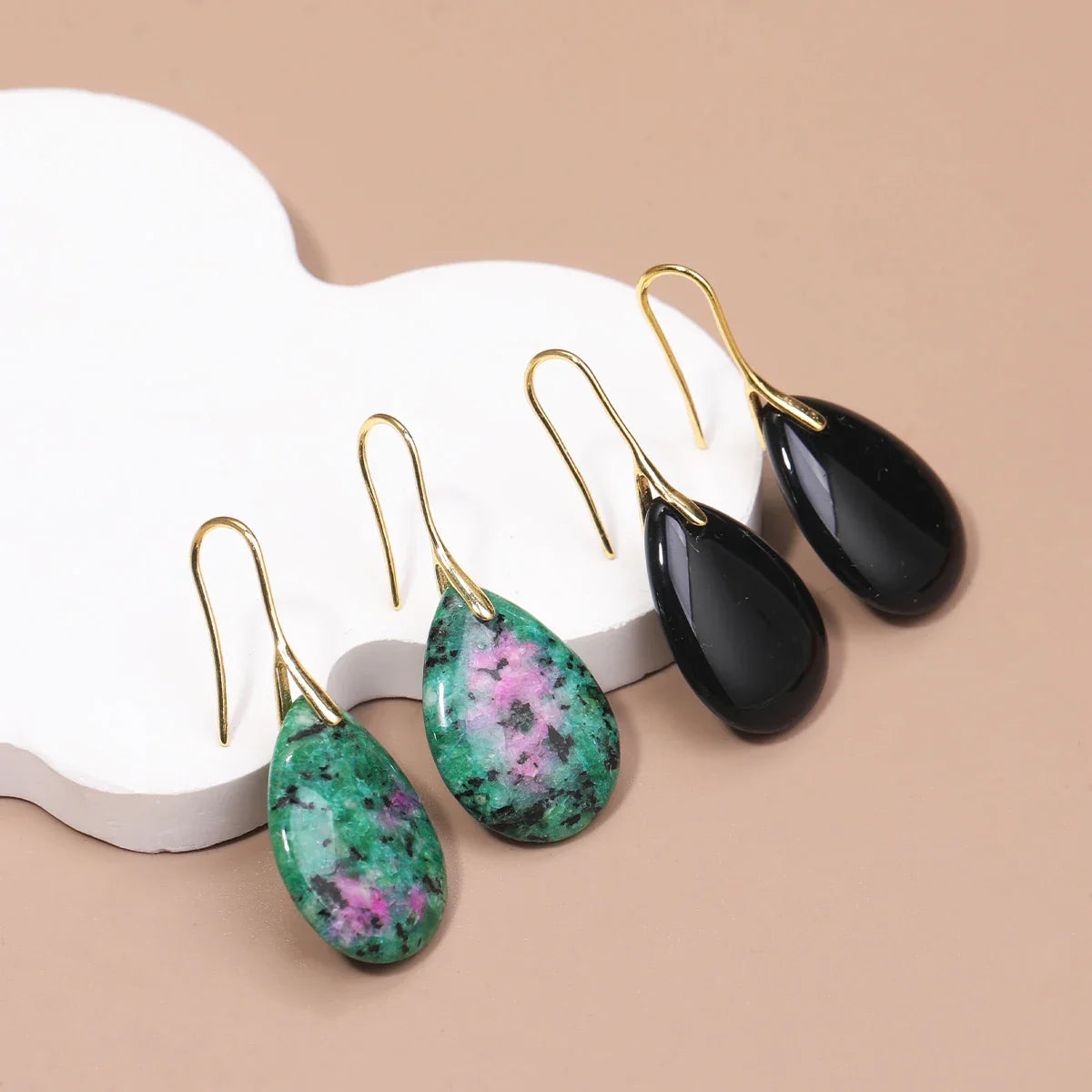 Natural Stone Pendant Women's Teardrop Earrings Elegant Gem Jewelry Creative Gift Black Obsidian Amethyst Rose Quartz Earrings