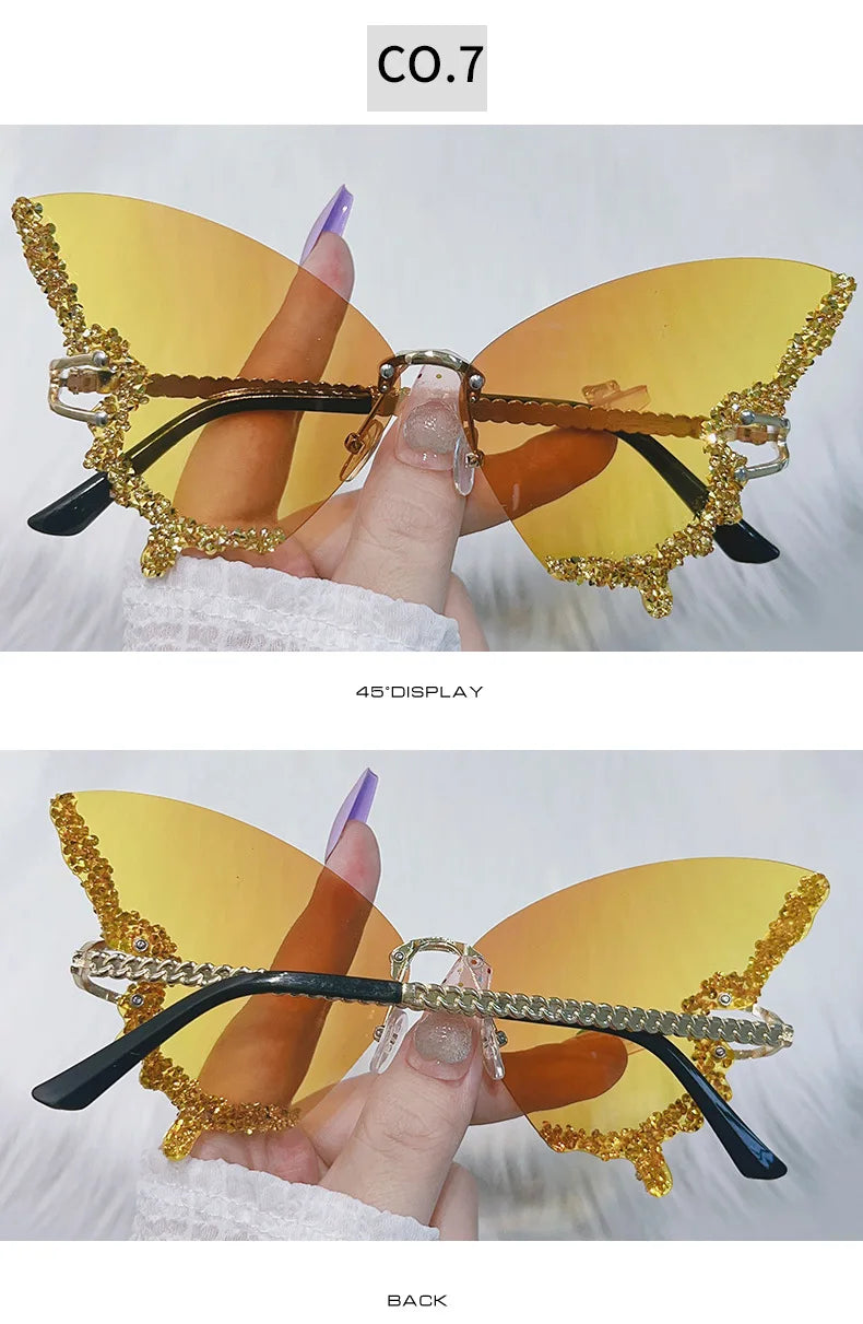 Luxury Party Sunglasses Women Butterfly Diamond Rhinestones Personality Flash Shades Tint Color Travel Blogger Glasses