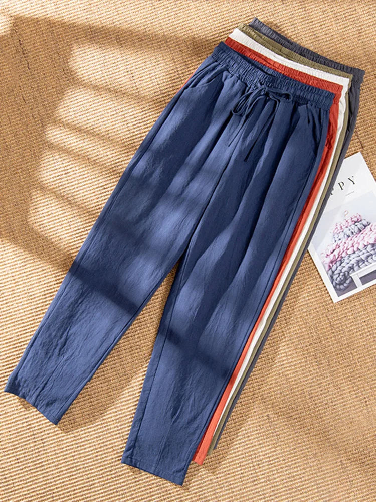 Womens Spring Summer Pants Cotton Linen Solid Elastic waist Candy Colors Pants