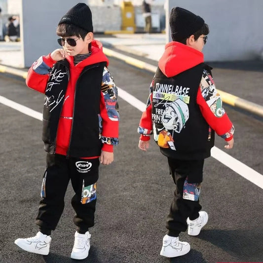 Fleece-Lined Coat Set Hoodies Printed Cartoon Boy Children's Clothing Men's Sets Autumn Winter Clothes Elementary Student Suit