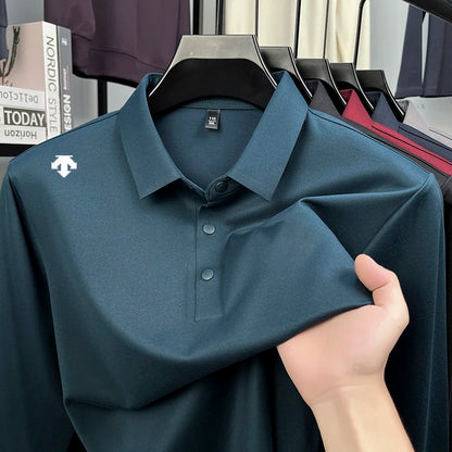 Luxury Quality Men's Polo Shirt No Trace Simple Solid Color Geometric Print Long Sleeve Autumn Lapel T-Shirt Business Menswear