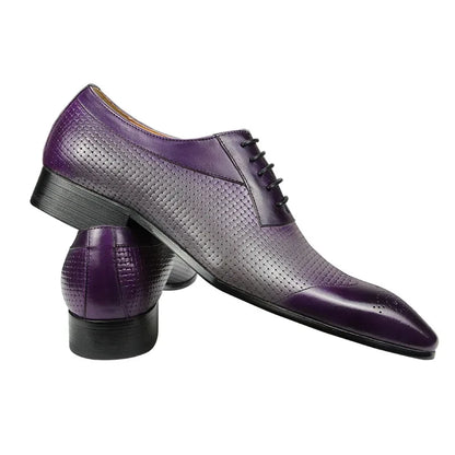 Pure Leather Mens Shoes Purple Woven Pattern Printing Oxford Brogues Dress Shoes Office Wedding Adult Zapato Formal Para Hombres