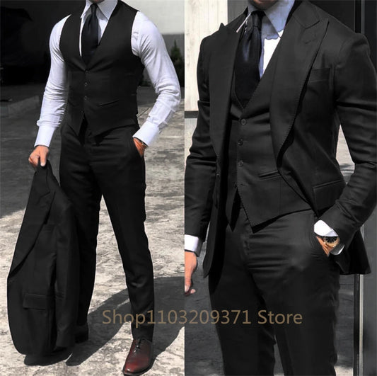 Men's Suits Men 3 Pieces Slim Fit Business Groom Peaked Lapel Tuxedos