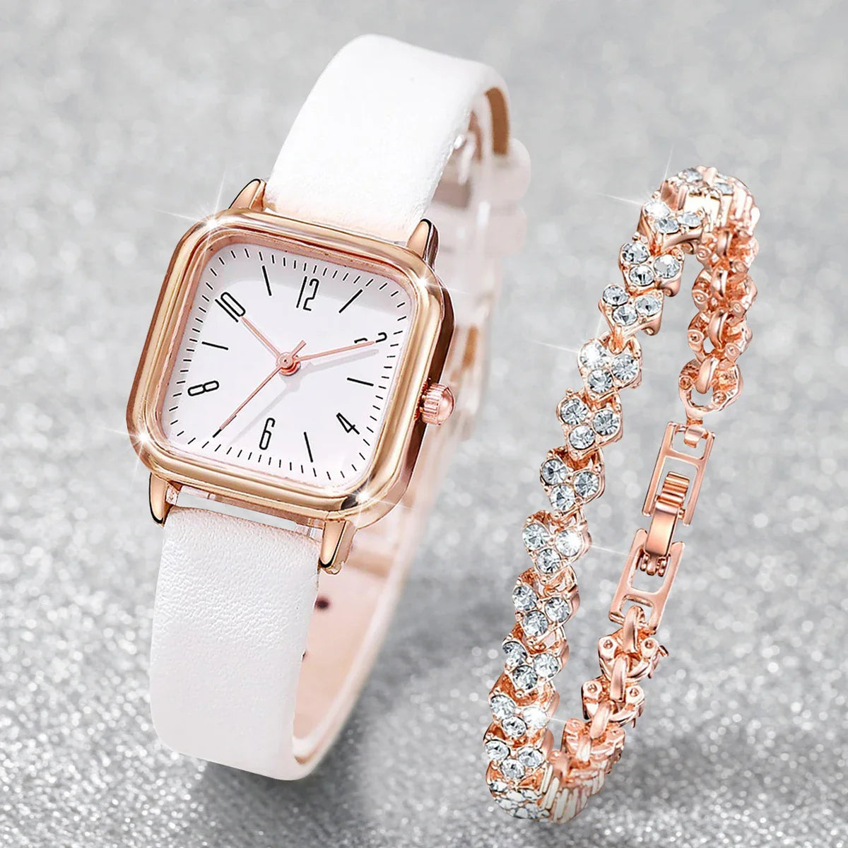 2PCS/Set Fashion Square Women Watches Casual Leather Strap Quartz Watch Rhinestone Bracelet Set