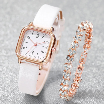 2PCS/Set Fashion Square Women Watches Casual Leather Strap Quartz Watch Rhinestone Bracelet Set