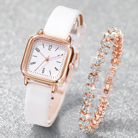 2PCS/Set Fashion Square Women Watches Casual Leather Strap Quartz Watch Rhinestone Bracelet Set