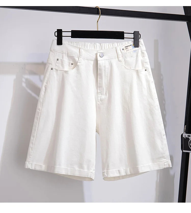150Kg Plus Size Women's Five-Point Denim Shorts Hip 150 Summer High-Waist Loose Wide Leg Pants Blue Black 5XL 6XL 7XL 8XL 9XL