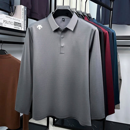 Luxury Quality Men's Polo Shirt No Trace Simple Solid Color Geometric Print Long Sleeve Autumn Lapel T-Shirt Business Menswear