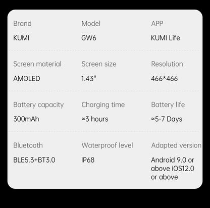 KUMI GW6 Smart Watch with ChatGPT AI Assistant, 1.43" AMOLED Display, Bluetooth Call, 100+ Faces, Fitness Tracker,  Waterproof