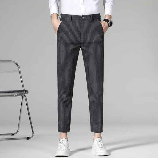 Fashion Business Stripe Plaid Ankle Length Pants Men Casual Solid Color