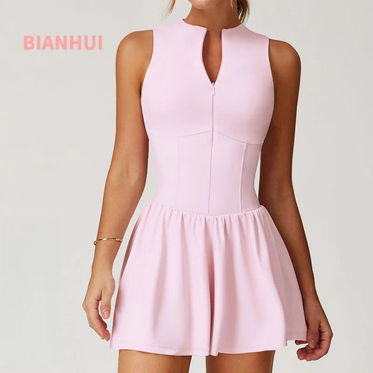 BIANHUI Women's Summer Sundress Fake Two-Piece Stand Collar Dress Running Anti-Exposure Base Layer A Flared Tennis Skirt