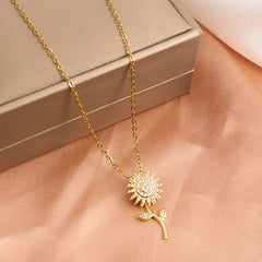 Fashionable Double Layer Rotatable Sunflower Flower Necklace for Girls, Versatile