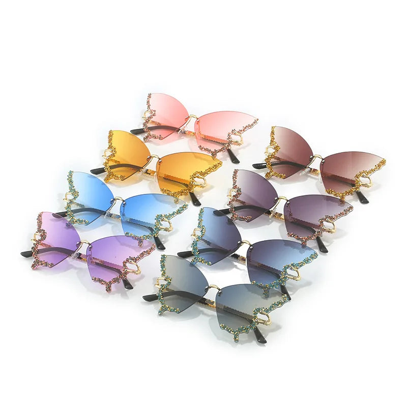 Luxury Party Sunglasses Women Butterfly Diamond Rhinestones Personality Flash Shades Tint Color Travel Blogger Glasses