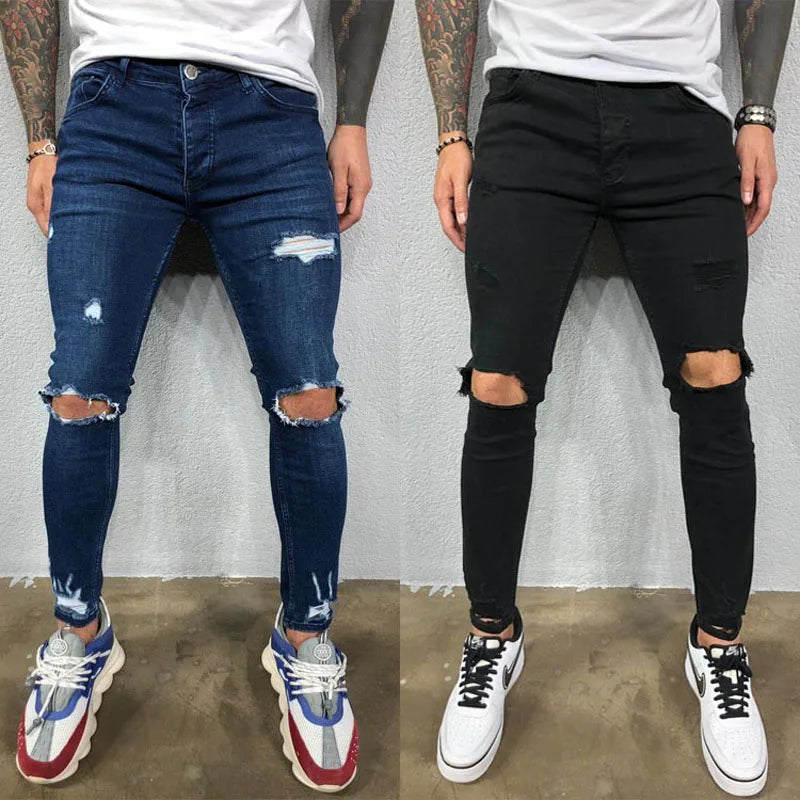 Streetwear Ripped Mens Skinny Pants Broken Man Jeans Joggers Fashion Black
