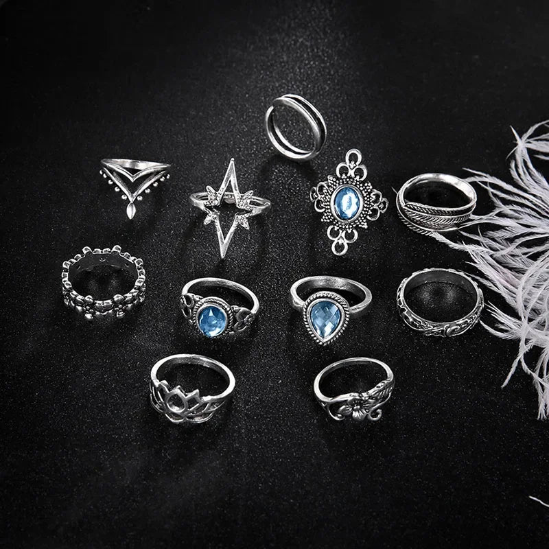 Geometry Retro Rings for Women Boho Inlaid Zircon Carved Starry 11/Pcs Rings