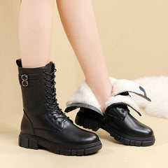 Shearling Warm Snow Boots Women Winter Thick-soled Rubber Wool Fur Mid-calf