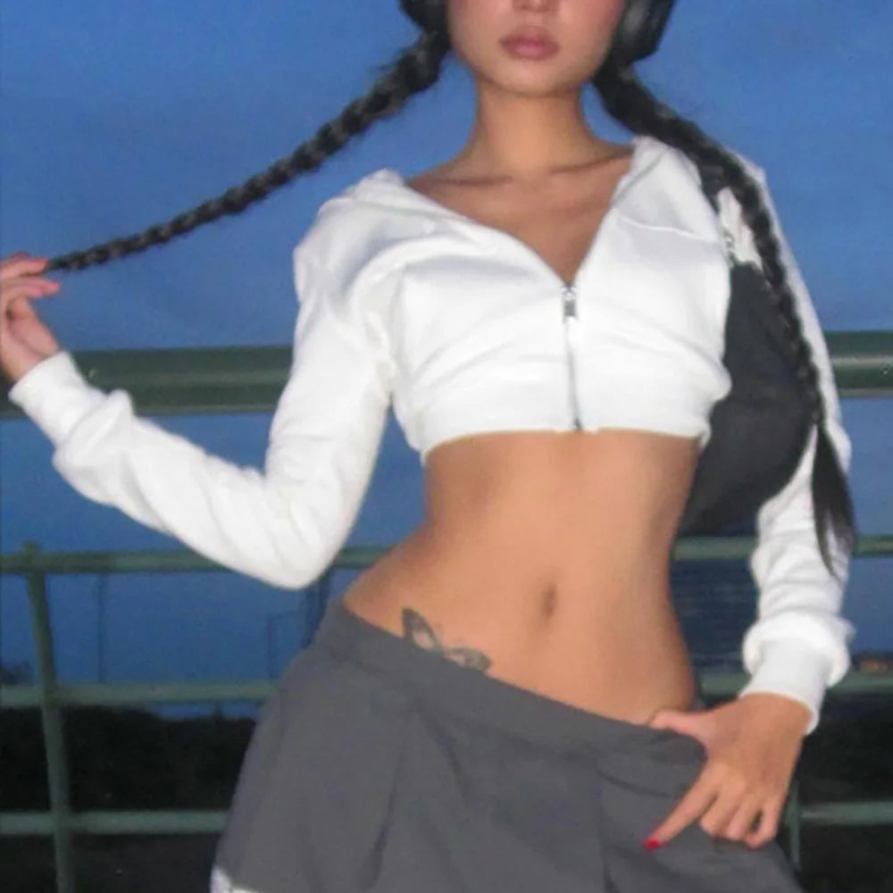 Y2K Aesthetic Vintage Basic Zip Up White Cropped Hoodies 2000s