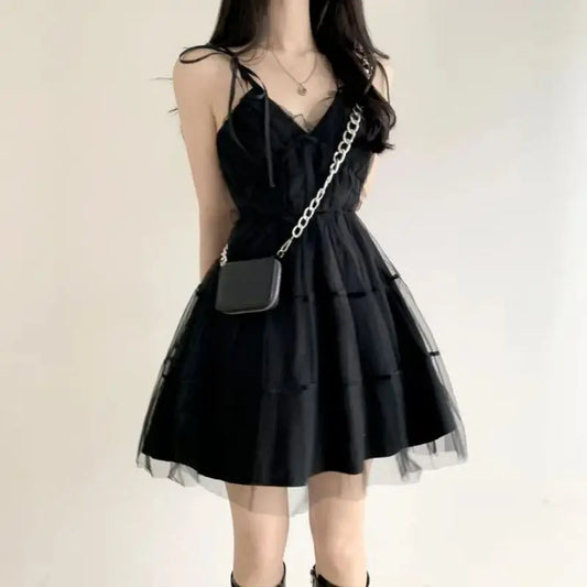 REALEFT Summer Y2k Black Mesh Women's Ball Gown Dresses 2025 New Sleeveless Strapless V-neck Party Sexy Mini Dress for Womens