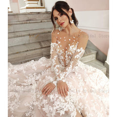 Wedding Dresses O Neck Movable Sleeves Illusion Appliques Sweep Train