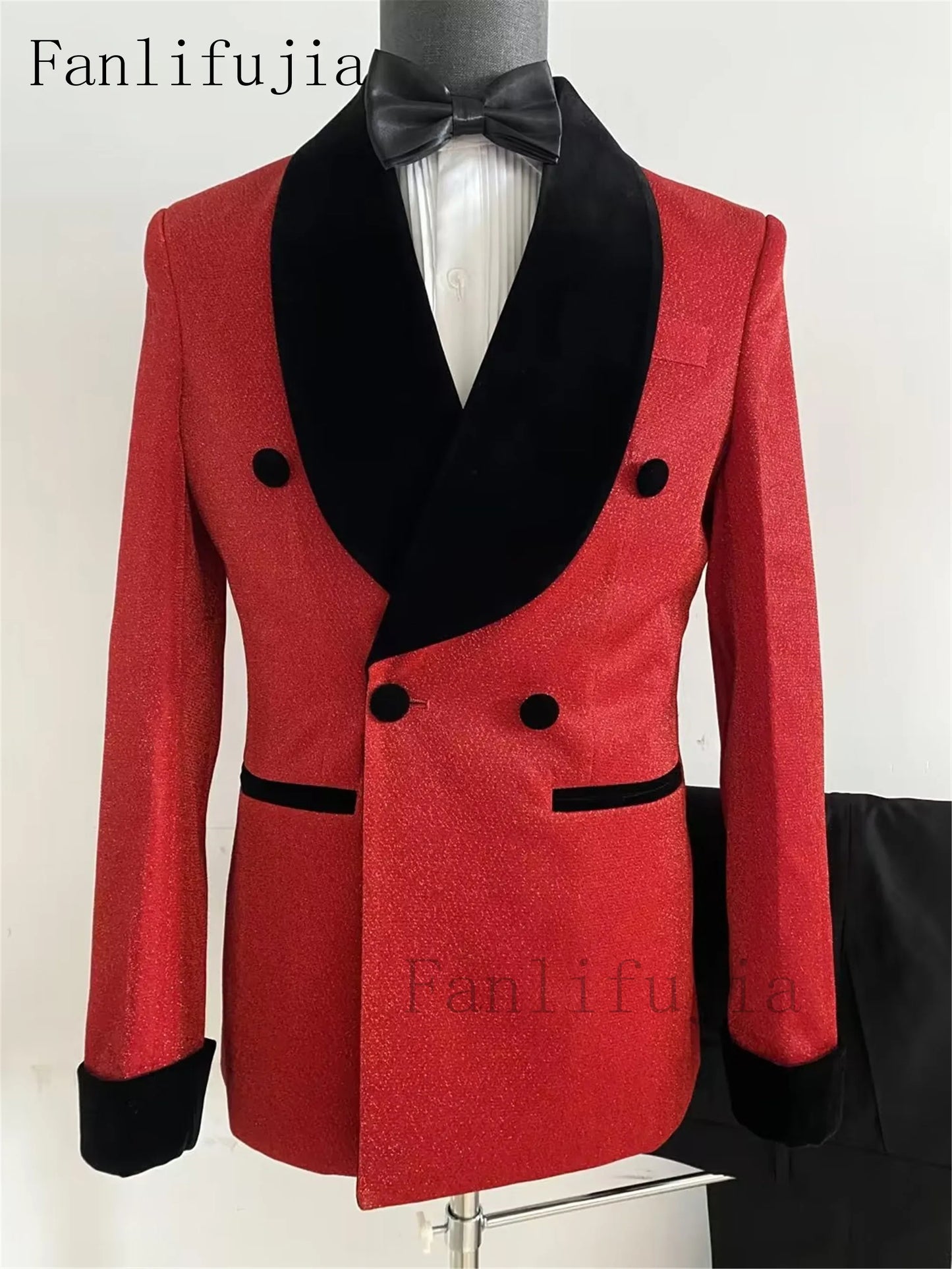 Tuxedo for Mens: Red Glitter Suits Wedding Tuxedo Double Breasted Blazer Formal